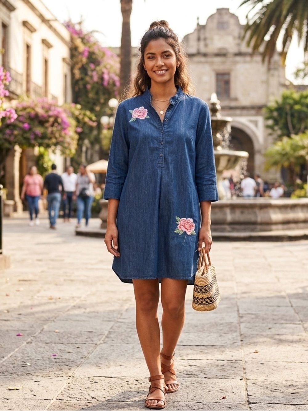 LMT: Light Denim Shirt Dress with two embroidered flowers